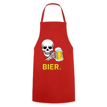 BIÈRE. – Motif de crâne et chope de bière après le travail - Tablier de cuisine - rouge - Devant - AI Model Male 185 dark (185cm)