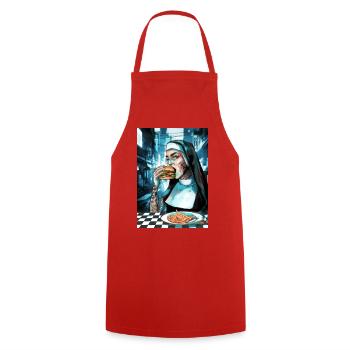 Neon nun bites burger in Cybercity - Cooking Apron - red - Front - AI Model Male 185 dark (185cm)