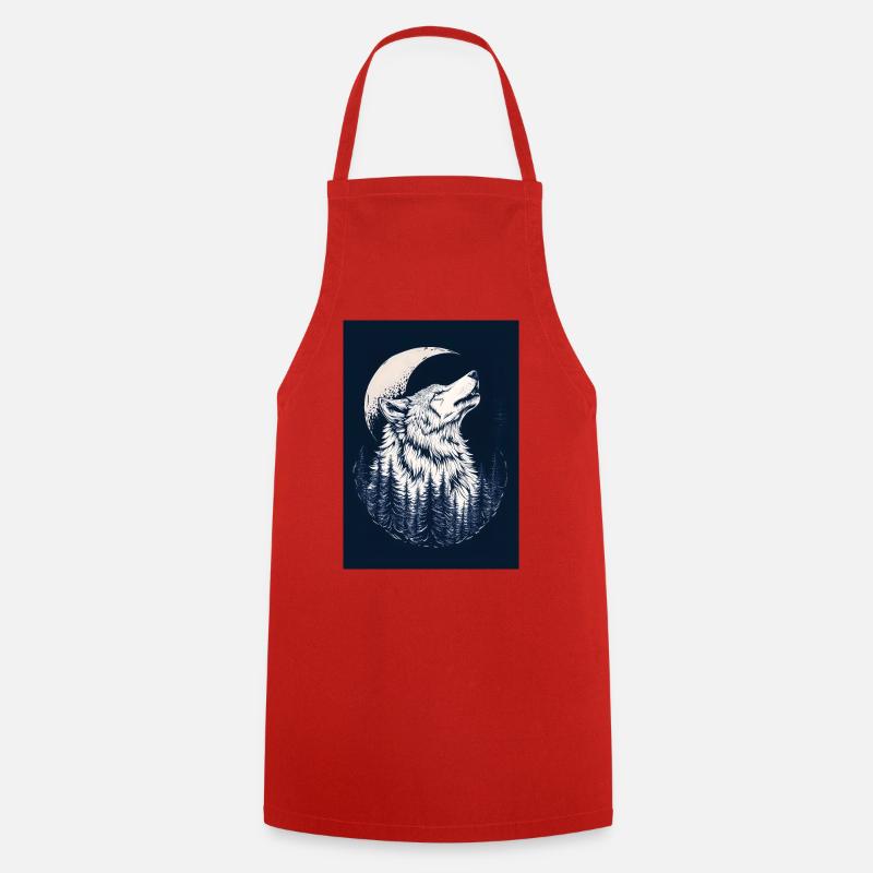 Wolf & Moon – Design de forêt mystique en bleu - Tablier de cuisine - rouge