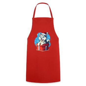 Husky Puppy Santa Claus [00176] - Cooking Apron - red - Front - AI Model Male 185 dark (185cm)