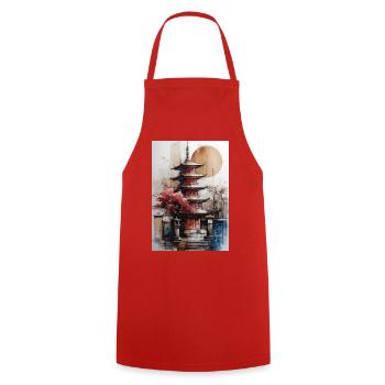 Zen Sun Watercolor Pagoda - Cooking Apron - red - Front - AI Model Male 185 dark (185cm)
