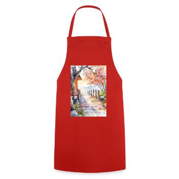 Floral path in watercolor - Cooking Apron - red - Front - AI Model Male 185 dark (185cm)