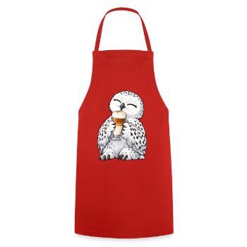 Schneeeule mit Latte Macchiato - Kochschürze - Rot - Vorne - AI Model Male 185 dark (185cm)