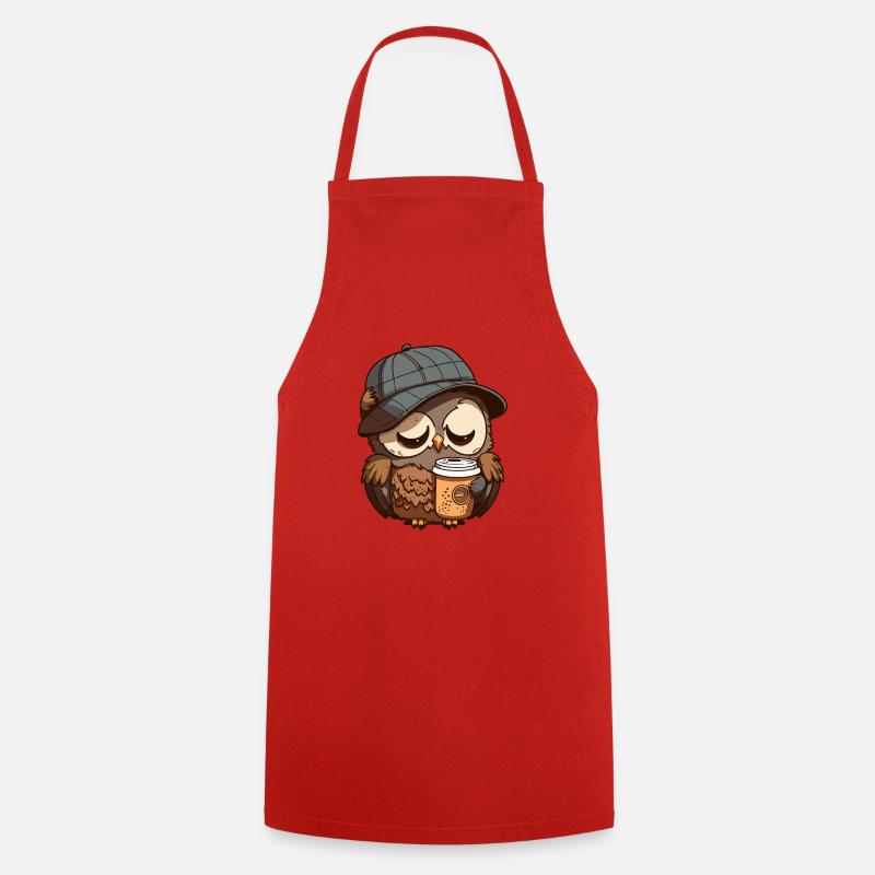 Müde Eule mit einem Kaffeebecher - Kochschürze - Rot