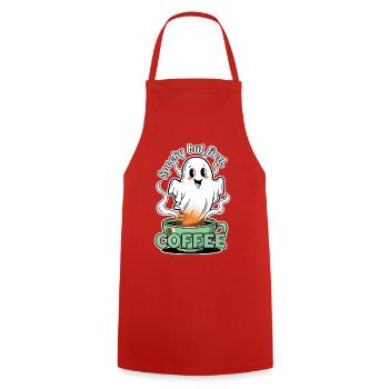Spooky coffee motif with coffee spirit - Cooking Apron - red - Front - AI Model Male 185 dark (185cm)