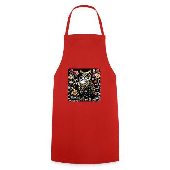 Hibou avec des vrilles de pétales de rose en aspect gravure sur bois - Tablier de cuisine - rouge - Devant - AI Model Male 185 dark (185cm)