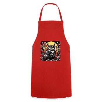 Hibou avec des vrilles de pétales de rose en aspect gravure sur bois - Tablier de cuisine - rouge - Devant - AI Model Male 185 dark (185cm)
