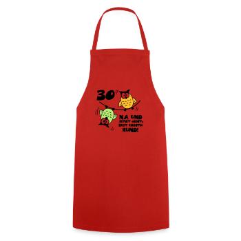 30 birthday, owls on the rope, round - Cooking Apron - red - Front - AI Model Male 185 dark (185cm)