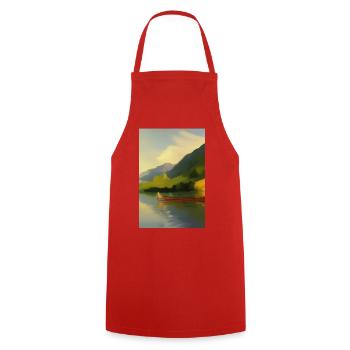 Landschaft mit See, Boot und Berge - Kochschürze - Rot - Vorne - AI Model Male 185 dark (185cm)