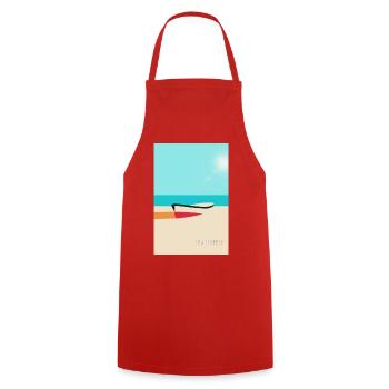 Boot am Strand – Sommerliches Urlaubs Poster - Kochschürze - Rot - Vorne - AI Model Male 185 dark (185cm)