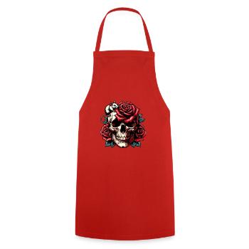 Crâne avec des roses rouges, des vrilles de rose et une souris - Tablier de cuisine - rouge - Devant - AI Model Male 185 dark (185cm)