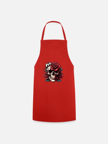 Skull mit roten Rosen Rosenranken und Maus - Kochschürze - Rot