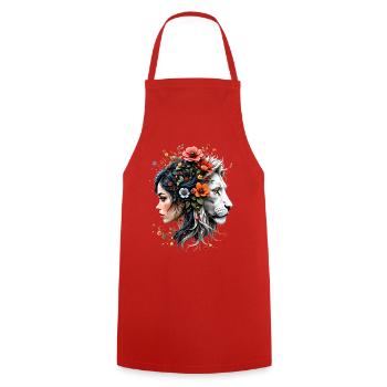 Woman and Lion in Floral Fusion - Cooking Apron - red - Front - AI Model Male 185 dark (185cm)