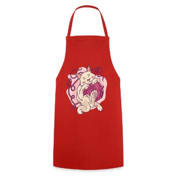 Cute Cozy Cat Hugging Yarn Ball Cartoon - Cooking Apron - red - Front - AI Model Male 185 dark (185cm)