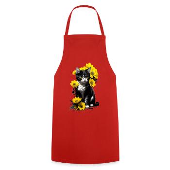 Chaton assis avec des fleurs jaunes - Tablier de cuisine - rouge - Devant - AI Model Male 185 dark (185cm)