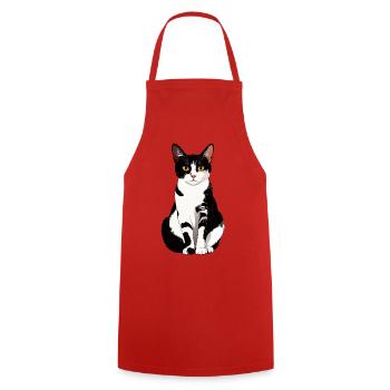 schöne Schwarz Weiß Katze sitzt frontal Grafik - Kochschürze - Rot - Vorne - AI Model Male 185 dark (185cm)