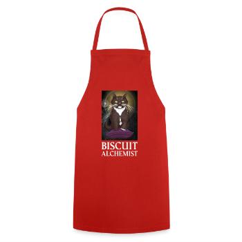 Biscuit Alchemist - Tuxedo Cat Kneading Reality  - Cooking Apron - red - Front - AI Model Male 185 dark (185cm)