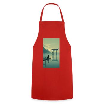Schwarze Katze am Torii – Asian Zen Design - Kochschürze - Rot - Vorne - AI Model Male 185 dark (185cm)