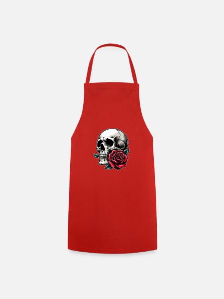 Skull mit Rose zwischen den Zähnen - Kochschürze - Rot