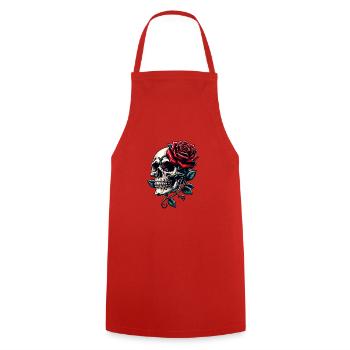 Crâne avec des roses rouges et des vrilles de rose - Tablier de cuisine - rouge - Devant - AI Model Male 185 dark (185cm)