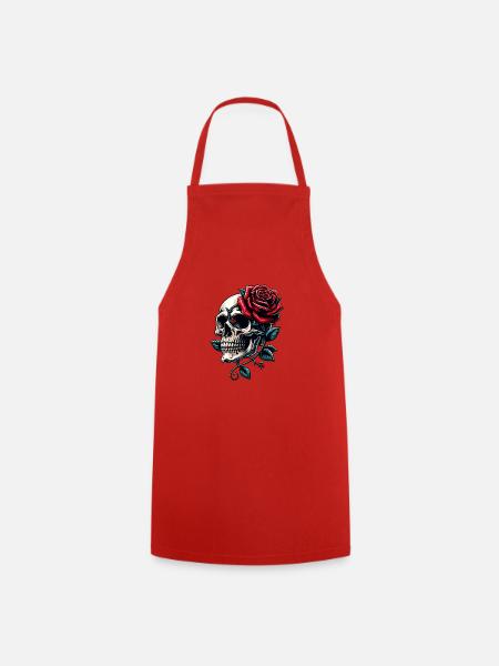 Skull mit roten Rosen und Rosenranken - Kochschürze - Rot