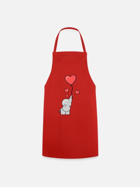 Elephant Illustration with Hearts and Balloon - Cooking Apron - red