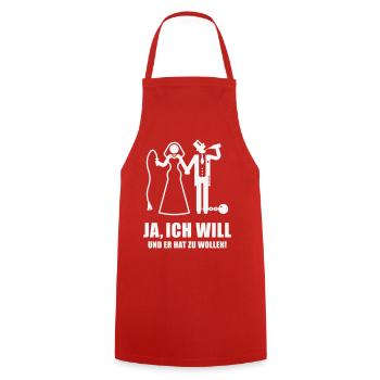 Ja, ich will … (Braut / Junggesellinnenabschied W) - Kochschürze - Rot - Vorne - AI Model Male 185 dark (185cm)
