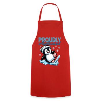 Proudly Awkward – Cute Penguin Slips on the Egg - Cooking Apron - red - Front - AI Model Male 185 dark (185cm)