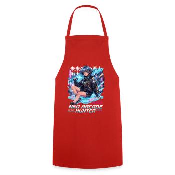 Neo Arcade Jägerin: Zukunftskämpfer - Kochschürze - Rot - Vorne - AI Model Male 185 dark (185cm)