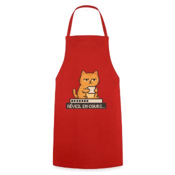 Réveil en cours – Chat pixel Humour Café - Tablier de cuisine - rouge - Devant - AI Model Male 185 dark (185cm)