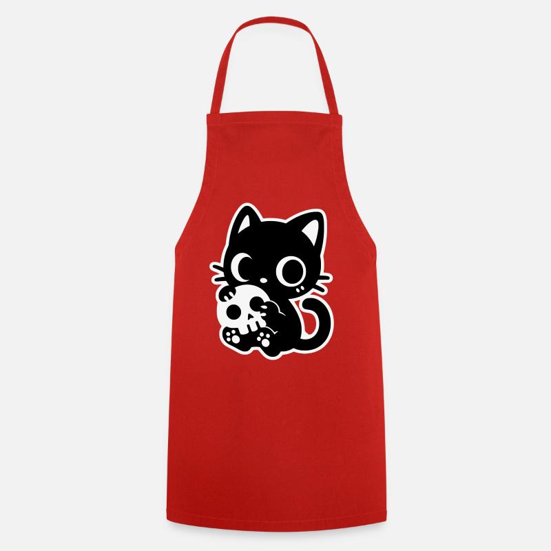 Cute Scary Cat with Skull | Kawaii Spooky Mot - Cooking Apron - red