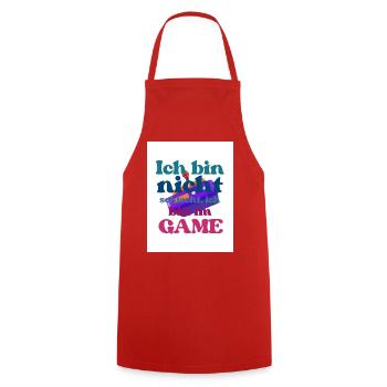 Ich bin im GAME – bunter Spruch - Kochschürze - Rot - Vorne - AI Model Male 185 dark (185cm)