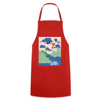 Korean Art Design with Cranes & Origami Boat - Cooking Apron - red - Front - AI Model Male 185 dark (185cm)