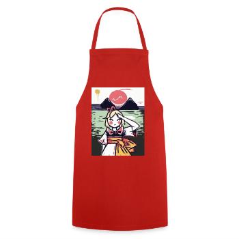 Japanese girl with sun, sea and mountains - Cooking Apron - red - Front - AI Model Male 185 dark (185cm)