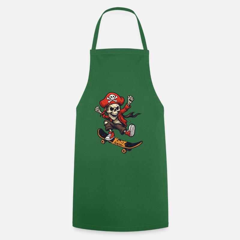 Skateboard Pirate Squelette avec chapeau rouge - Tablier de cuisine - vert foncé