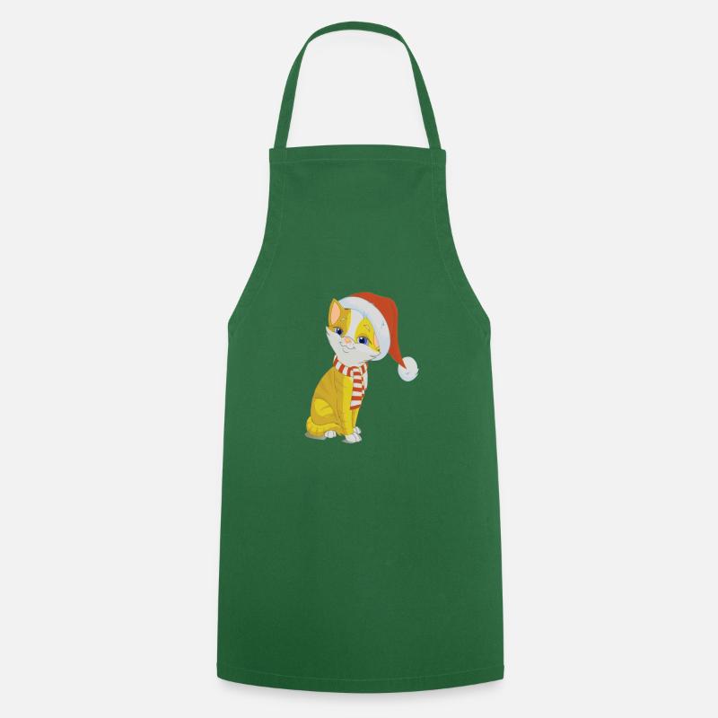 Chat de Noël jaune avec bonnet & écharpe - Tablier de cuisine - vert foncé