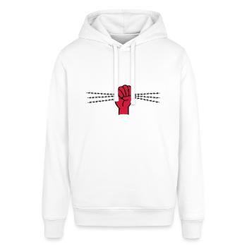 Protestsymbol mit Stacheldraht. Geballte Faust. - Stanley/Stella Unisex Hoodie SOUNDER - Weiß - Vorne - Alina (178cm) & Michal (187cm)