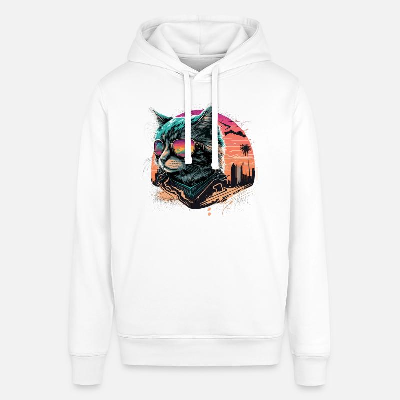 Chat de style synthwave - Sweat à capuche SOUNDER Stanley/Stella Unisexe - blanc