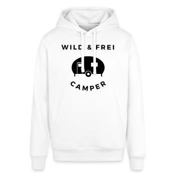 wild frei - retro Wohnwagen - Stanley/Stella Unisex Hoodie SOUNDER - Weiß - Vorne - Alina (178cm) & Michal (187cm)