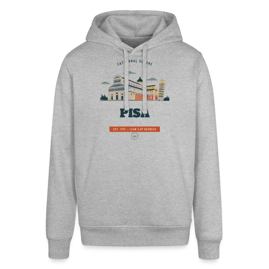 Pisa badge on a stanley/stella sounder unisex hoodie, heather grey, front