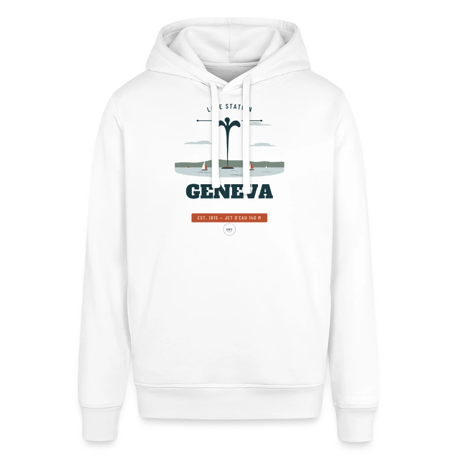 Geneva badge on a stanley/stella sounder unisex hoodie, white