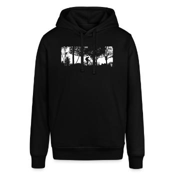 Mountainbiker Fahrradfahrer im Wald - Stanley/Stella Unisex Hoodie SOUNDER - Schwarz - Vorne - Alina (178cm) & Michal (187cm)