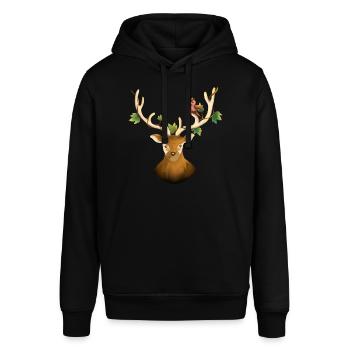 Hirsch oder Waldrentier mit Vogel und Efeu - Stanley/Stella Unisex Hoodie SOUNDER - Schwarz - Vorne - Alina (178cm) & Michal (187cm)