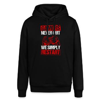 Gamers Never Quit - We Simply Restart Gaming Gamer - Stanley/Stella Unisex Hoodie SOUNDER - Schwarz - Vorne - Alina (178cm) & Michal (187cm)