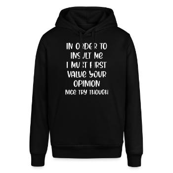 Grappig gezegde - Stanley/Stella Uniseks biologische hoodie SOUNDER - zwart - Voor - Alina (178cm) & Michal (187cm)