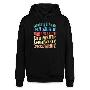 Über 50 Spruch Lustig Geburtstag - Stanley/Stella Unisex Hoodie SOUNDER - Schwarz - Vorne - Alina (178cm) & Michal (187cm)