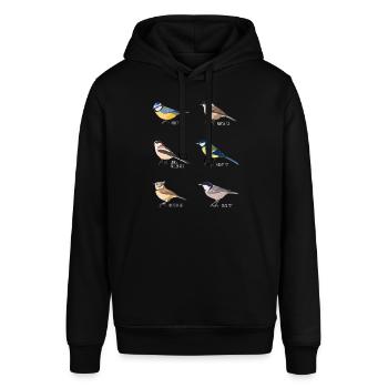 Vogels kijken Gift - Pimpelmees, Koolmees - Stanley/Stella Uniseks biologische hoodie SOUNDER - zwart - Voor - Alina (178cm) & Michal (187cm)