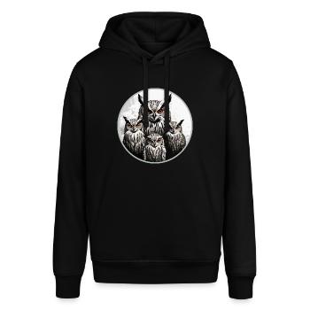 Eulenfamilie - grafisches Eulenmotiv mit vier Uhus - Stanley/Stella Unisex Hoodie SOUNDER - Schwarz - Vorne - Alina (178cm) & Michal (187cm)