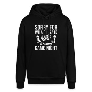 Tut mir leid für das, was ich während des Spieleabends gesagt habe - Stanley/Stella Unisex Hoodie SOUNDER - Schwarz - Vorne - Alina (178cm) & Michal (187cm)