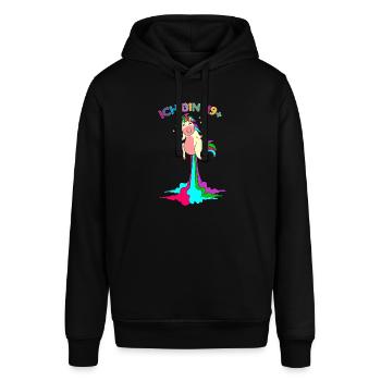 ich bin 49 plus pupsender Einhorn 50. Geburtstag - Stanley/Stella Unisex Hoodie SOUNDER - Schwarz - Vorne - Alina (178cm) & Michal (187cm)